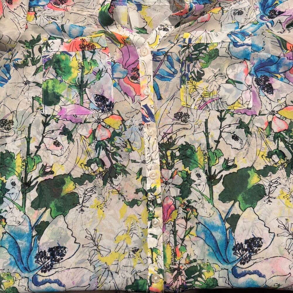 Express Portofino Button Up Shirt Sheer Floral Botanical Watercolor Spring Top S - Picture 7 of 10